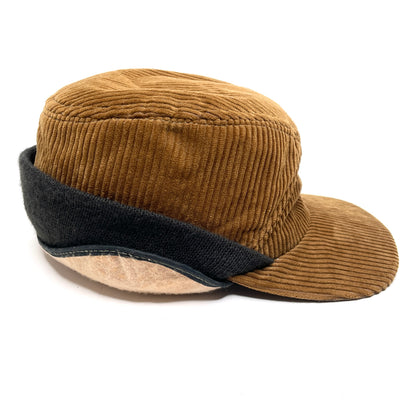 Corduroy Insulated Hunting Cap w/ Ear Flaps Vintage Winter Hat - Brown