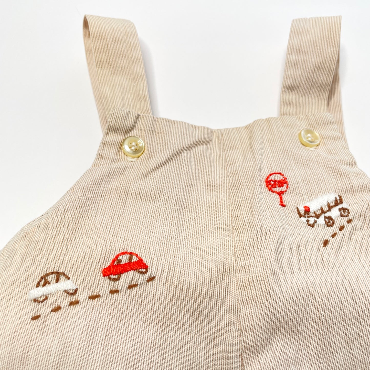 Bus & Cars Embroidery Woven Beige Overalls 9M