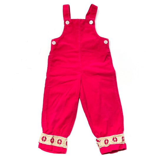 Patterned Appliqué Cuff Red Corduroy Overalls 2T