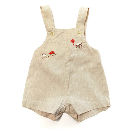 Bus & Cars Embroidery Woven Beige Overalls 9M