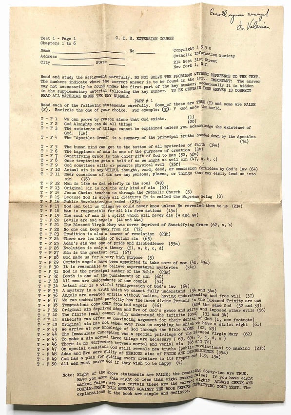 NYC Catholic Information Society 1950 Course Test Manhattan Vintage Christianity Ephemera