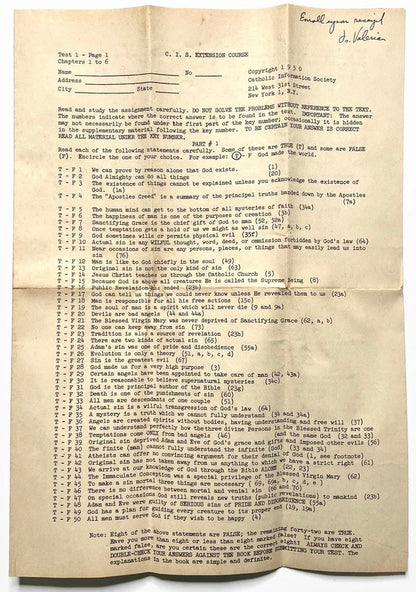 NYC Catholic Information Society 1950 Course Test Manhattan Vintage Christianity Ephemera