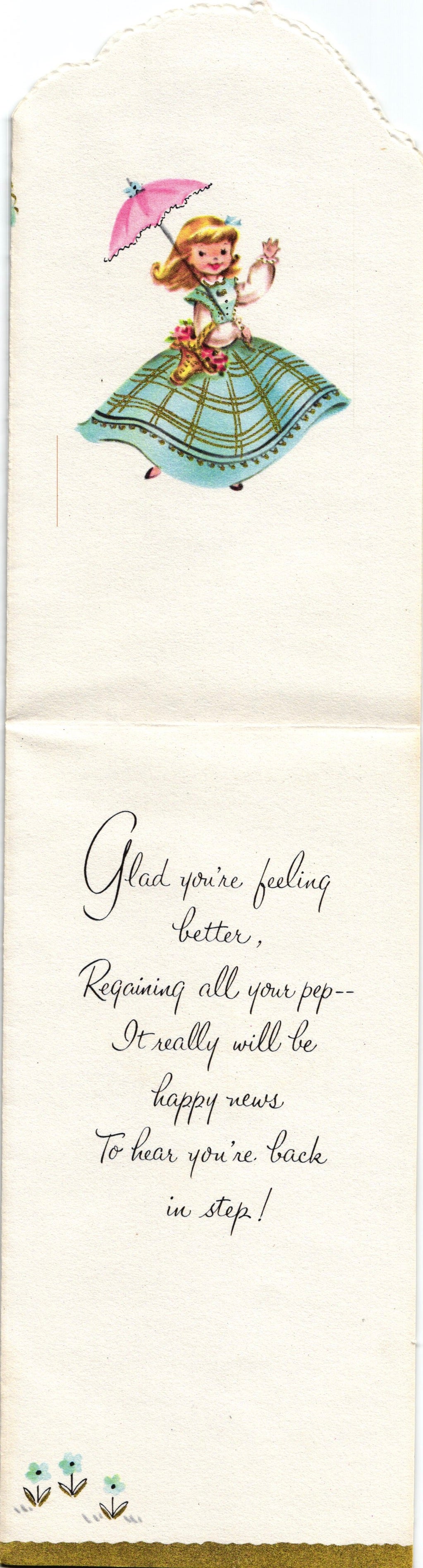 Get Well Soon - Sun Dress Lady - Textured Slim Vintage Greeting Card - Gold Stamped + Embossed