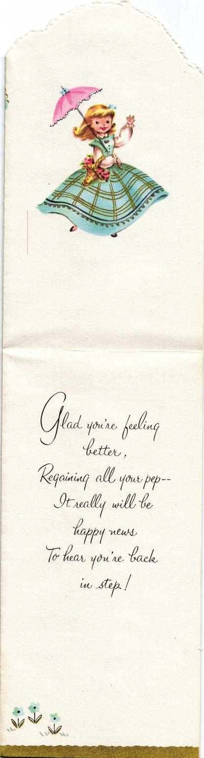 Get Well Soon - Sun Dress Lady - Textured Slim Vintage Greeting Card - Gold Stamped + Embossed