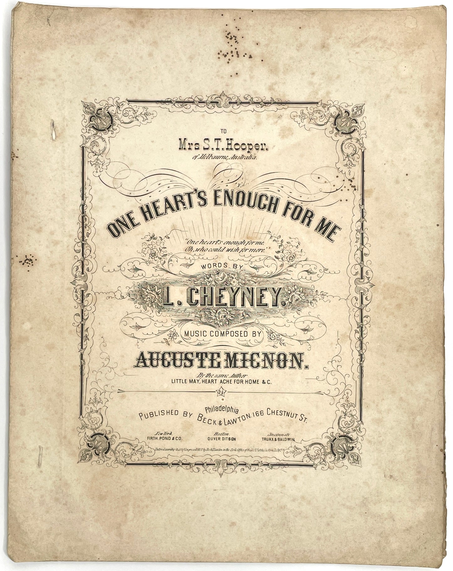 One Heart's Enough For Me 1860s Sheet Music