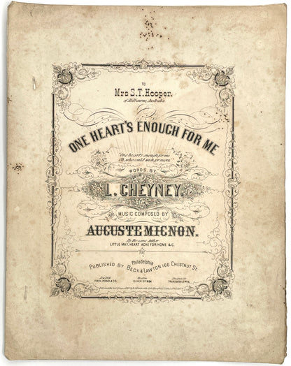 One Heart's Enough For Me 1860s Sheet Music
