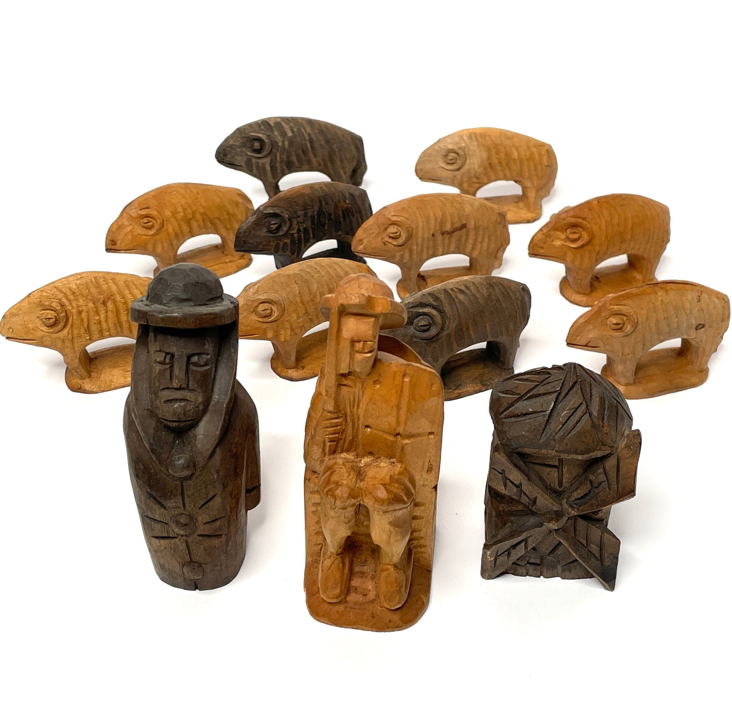 New England Primitive Folk Art Wood Carved Figure Set