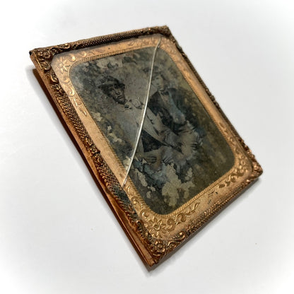 Two Young Men Affection Portrait 1/6 Tintype Photo Antique Brass Mat + Frame