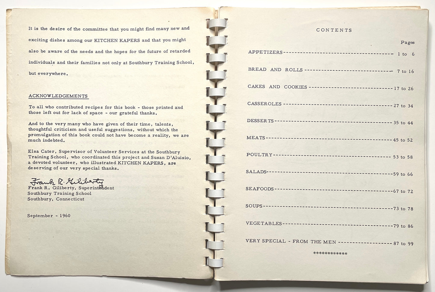 Kitchen Kapers Cookbook 1960 Southbury CT - 60s Vintage Spiral Bound Illustrated Recipe Book