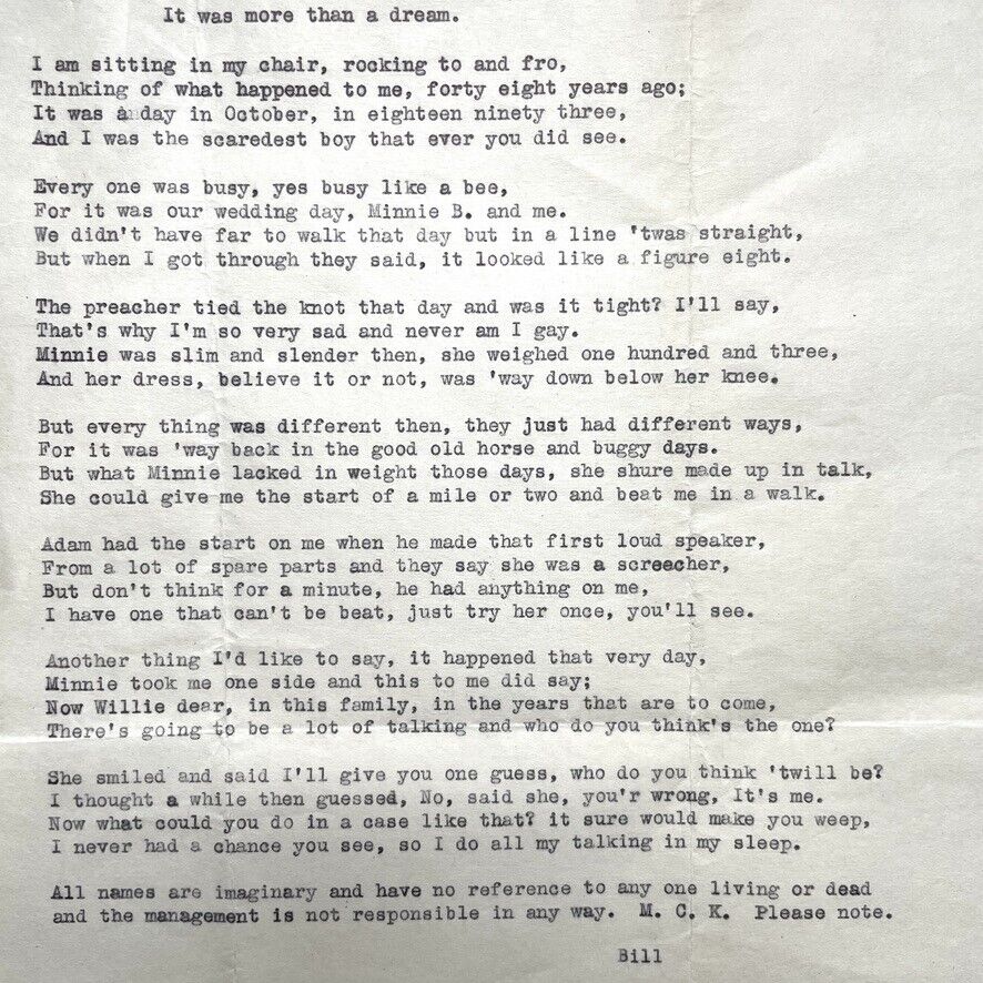 Handwritten Typewriter Poem Signed MCK Bill 1893
